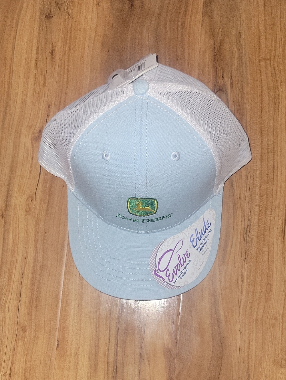 John Deere Light Blue & White Mesh Cap with Green Logo With  Ponytail Cutout